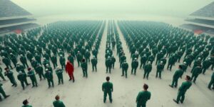 Green-suited contestants face masked guards on a vast game arena.