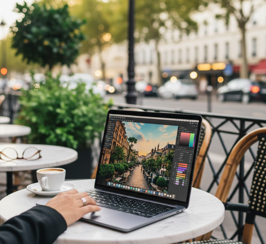 A midnight blue MacBook Air M4 on a cafe table being used by a student for creative work.