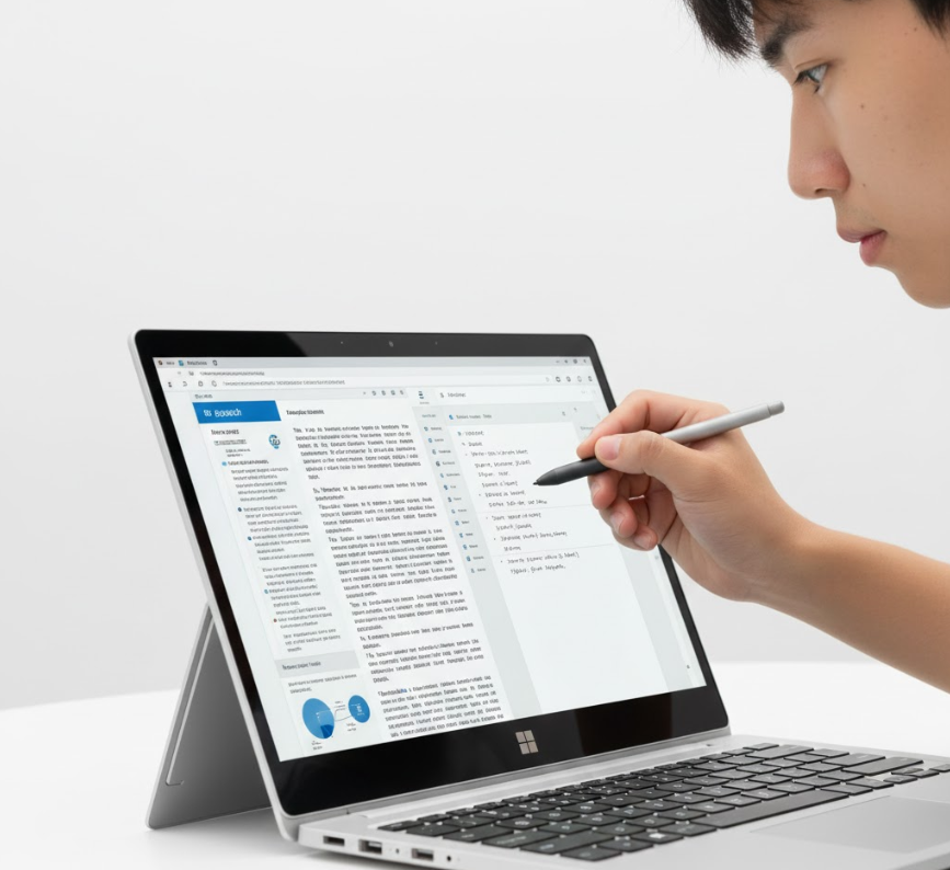 A student using a stylus on the touchscreen of a platinum Microsoft Surface Laptop 7th Edition.